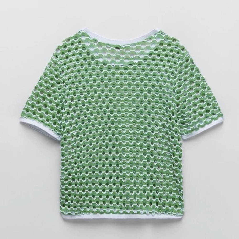 Zara Round Neck Short Sleeve Cotton Blend Knit Crochet Top M